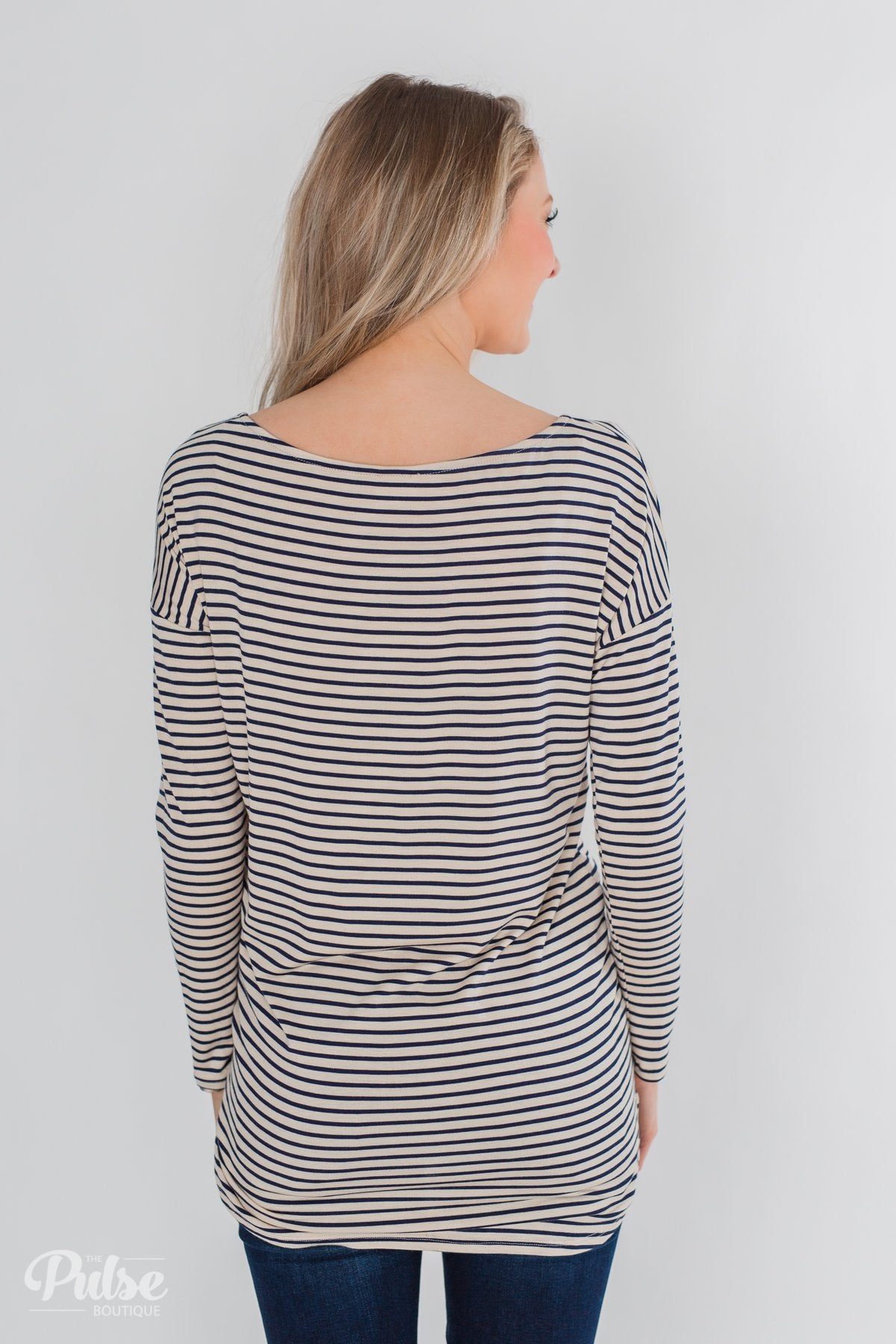 One Shoulder Dolman Striped Top- Beige & Navy