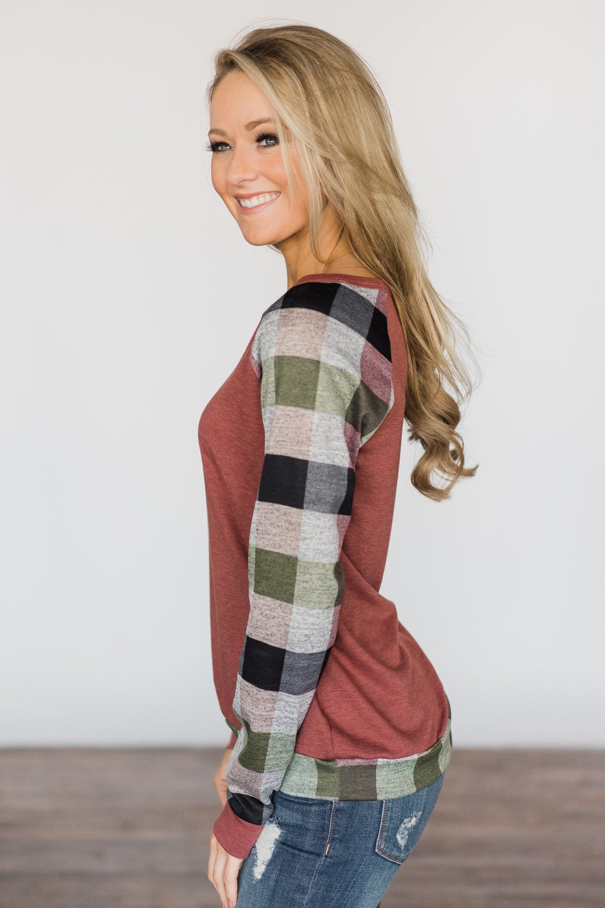 All Checkered Out Plaid Sleeve Top