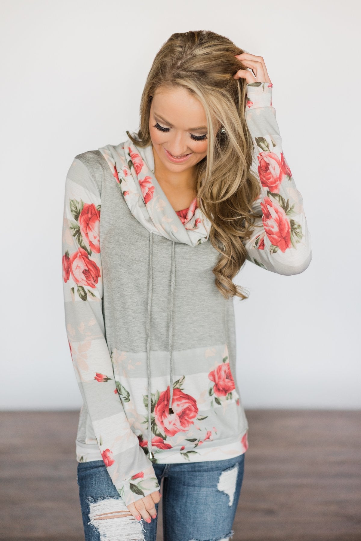 Flowers & You ~ Grey Striped & Floral Cowl Neck Top