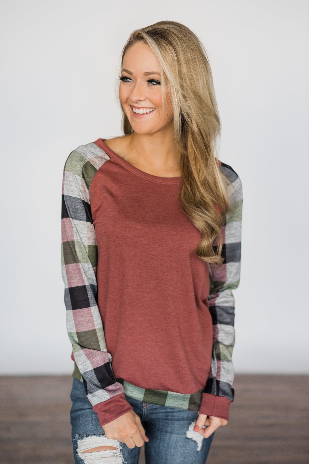 All Checkered Out Plaid Sleeve Top
