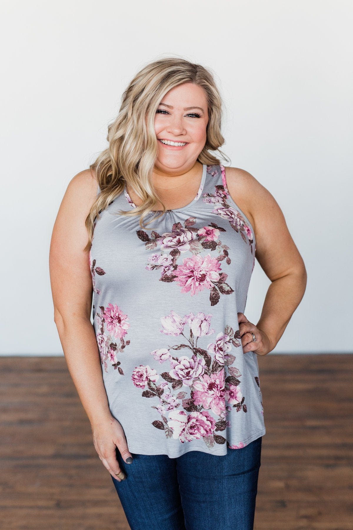Morning Blossoms Floral Tank- Soft Grey