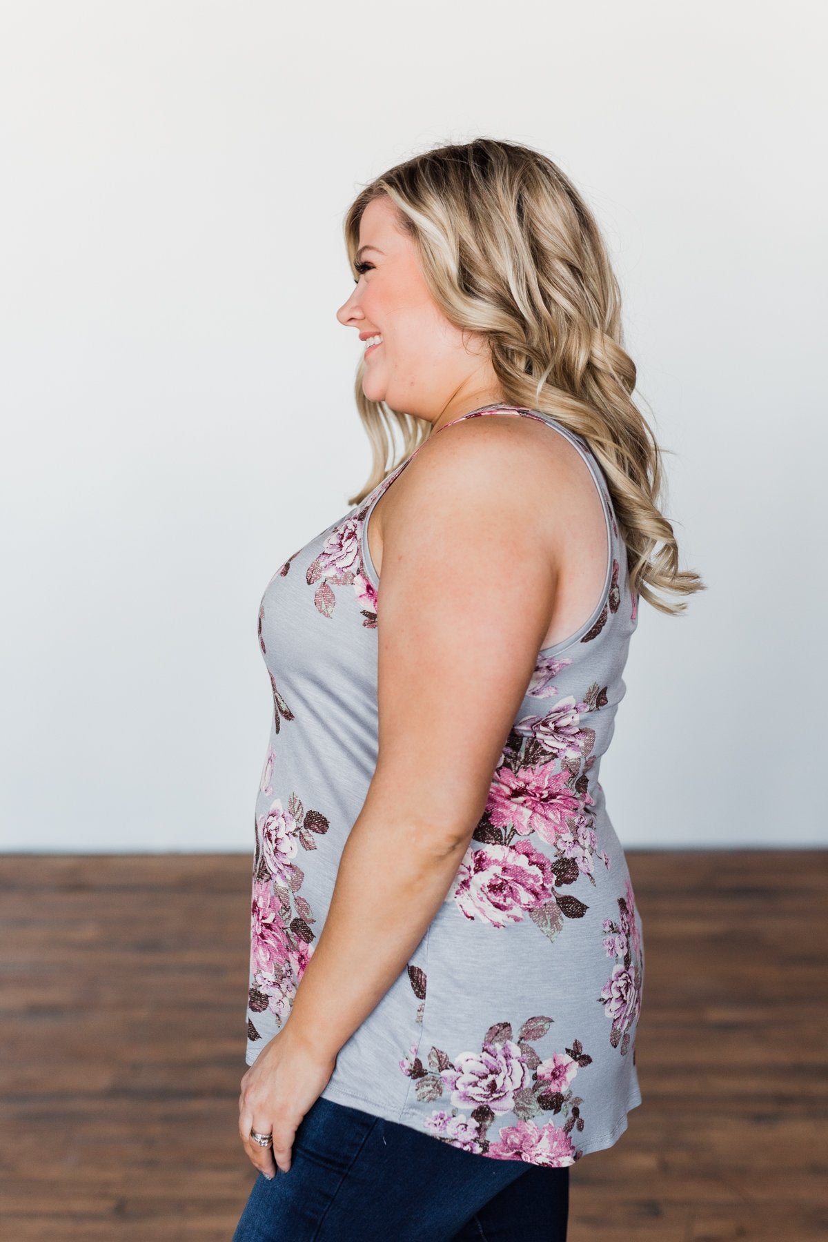 Morning Blossoms Floral Tank- Soft Grey