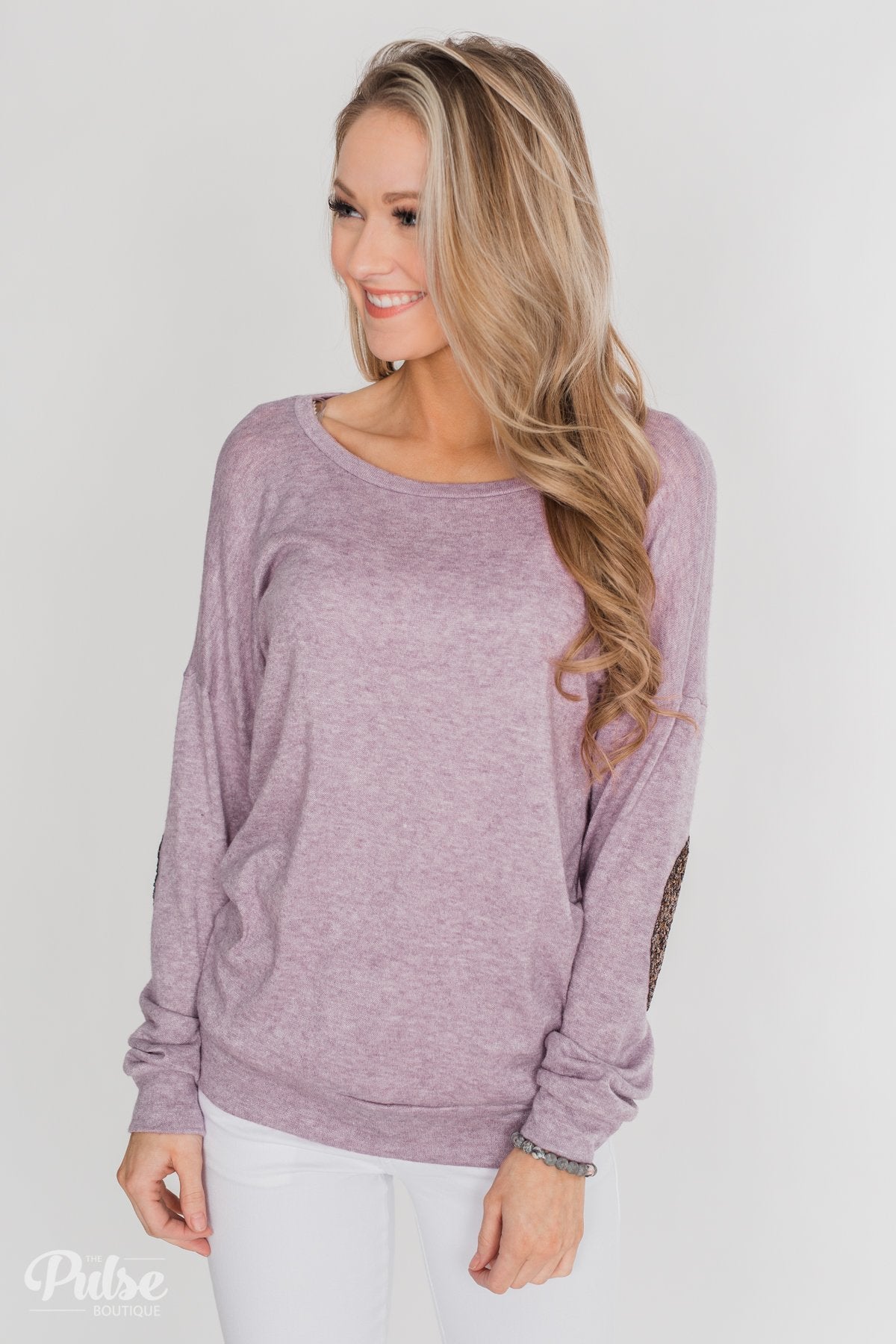 Good Times Sequin Elbow Patch Pullover - Lilac