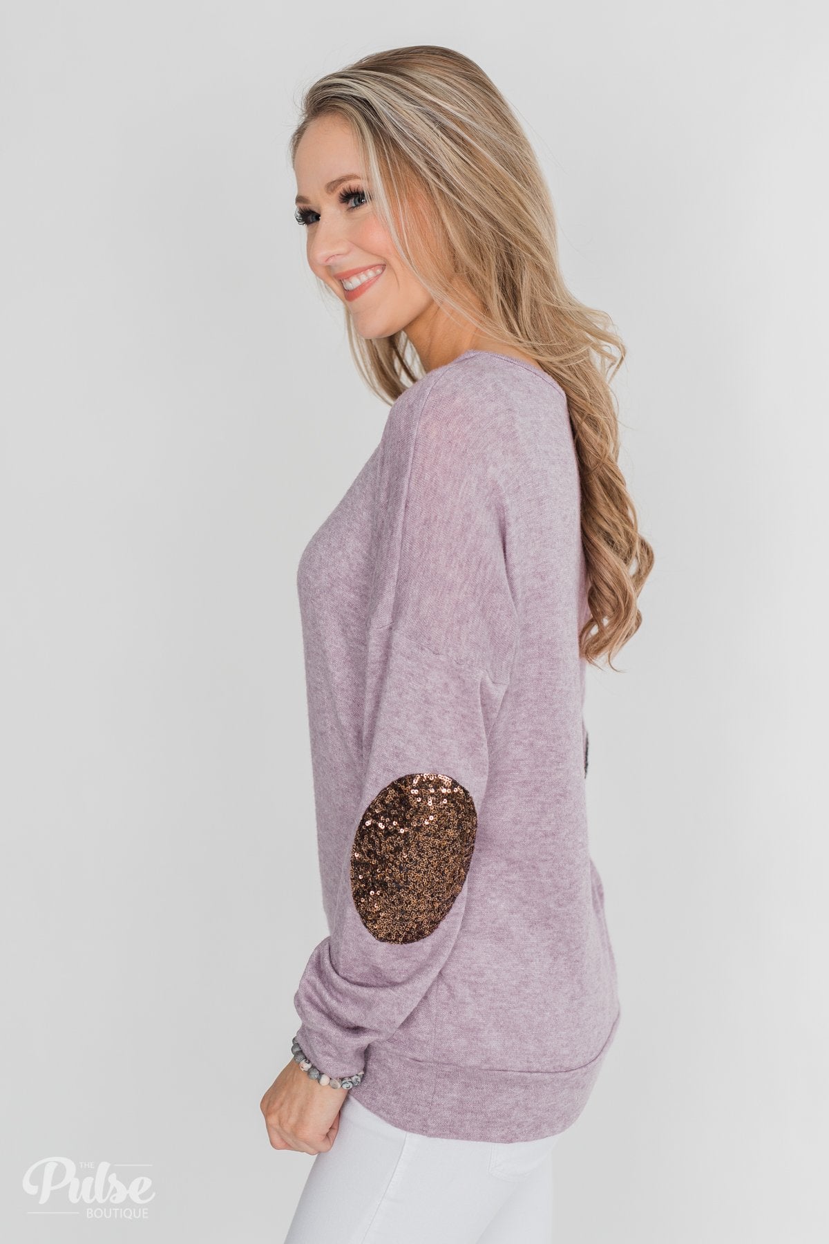 Good Times Sequin Elbow Patch Pullover - Lilac