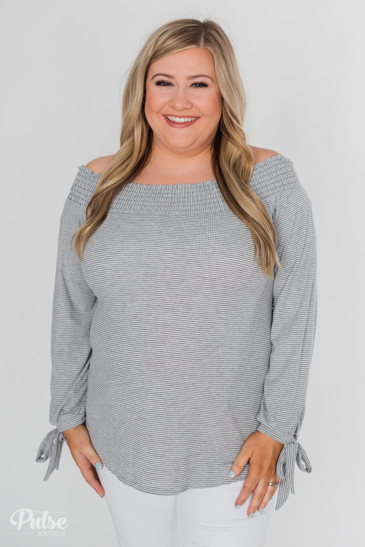 Dreaming of Stripes Off the Shoulder Top - Grey & White