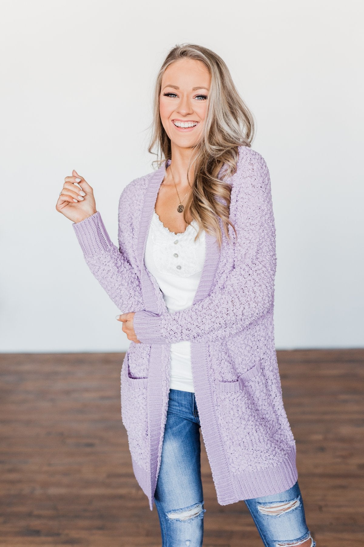 No Doubts Popcorn Cardigan- Lilac