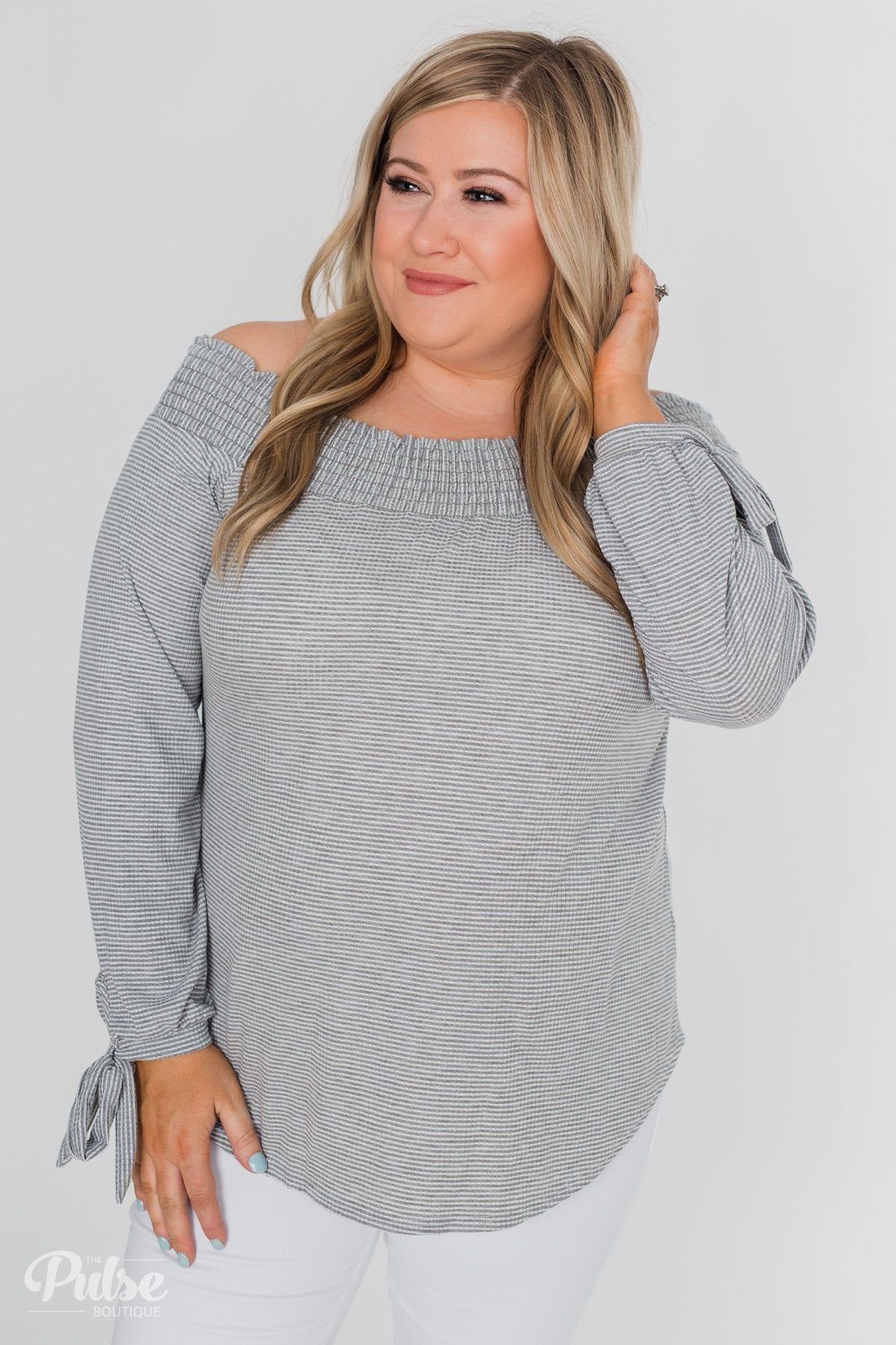 Dreaming of Stripes Off the Shoulder Top - Grey & White