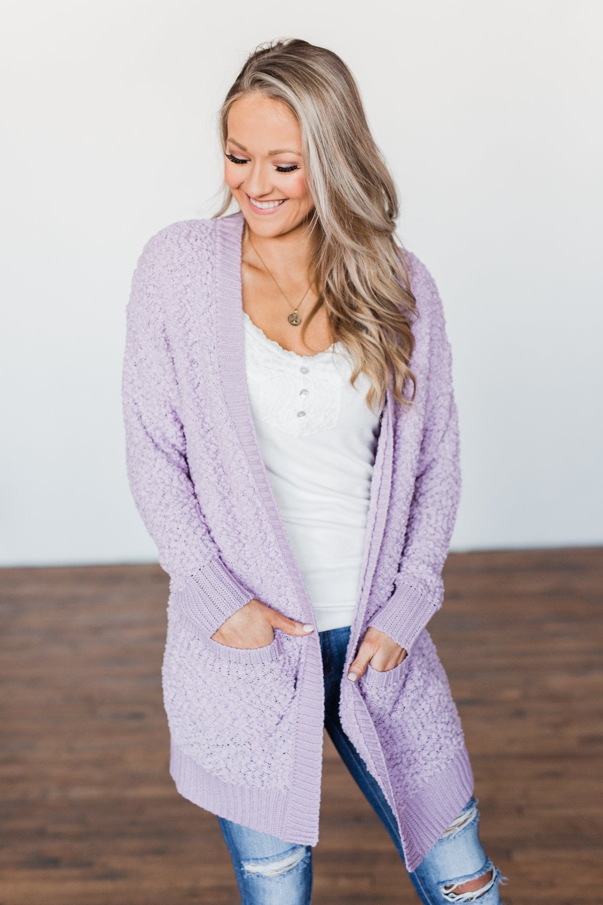 No Doubts Popcorn Cardigan- Lilac