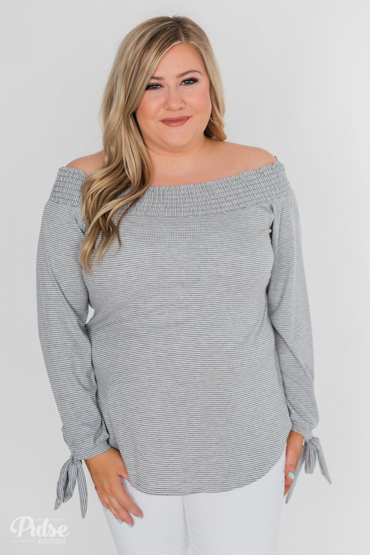 Dreaming of Stripes Off the Shoulder Top - Grey & White