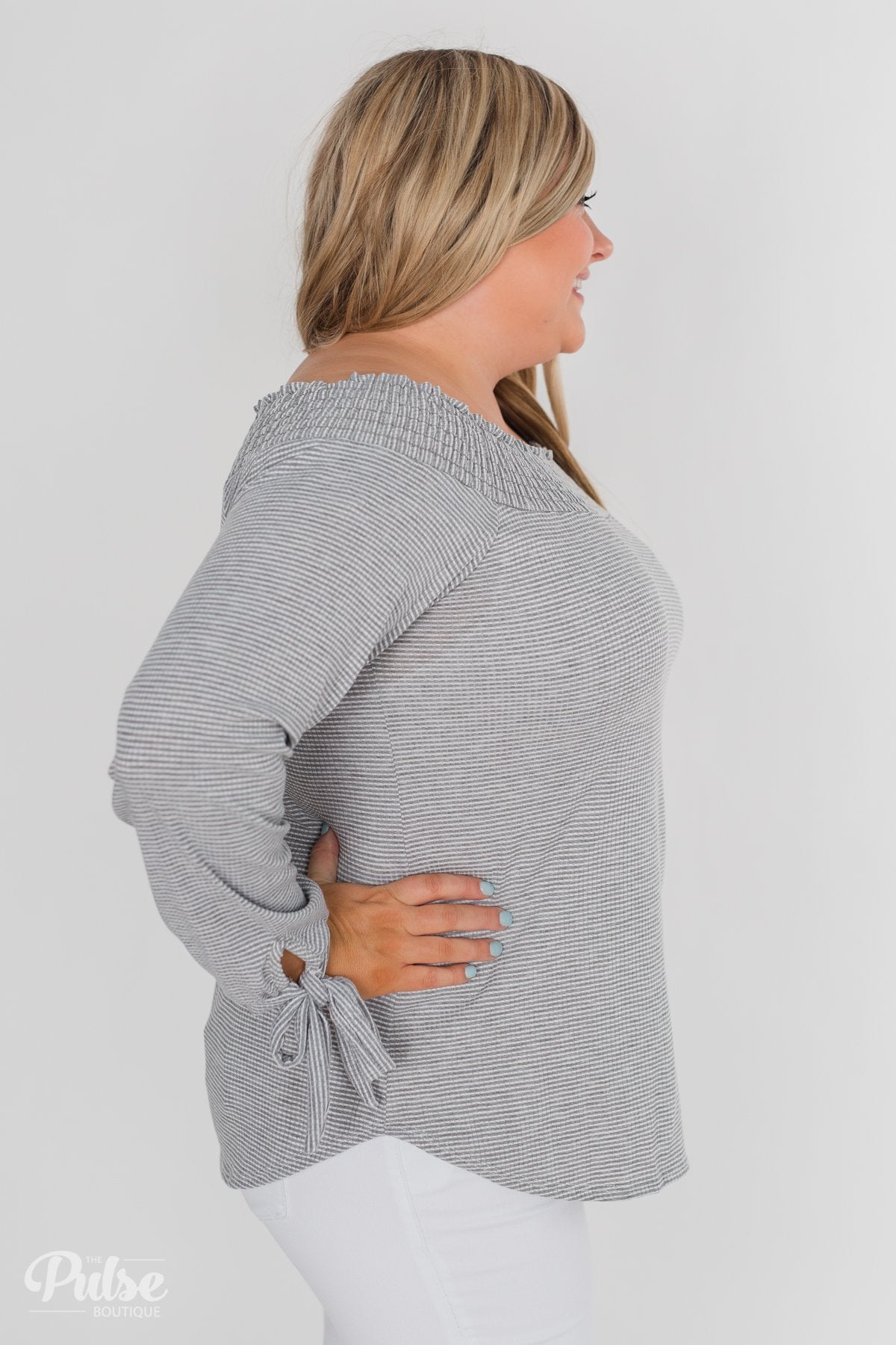 Dreaming of Stripes Off the Shoulder Top - Grey & White