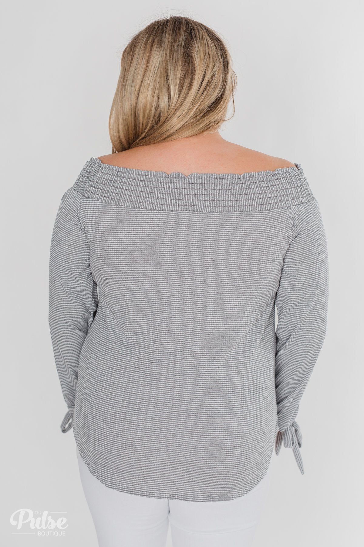 Dreaming of Stripes Off the Shoulder Top - Grey & White