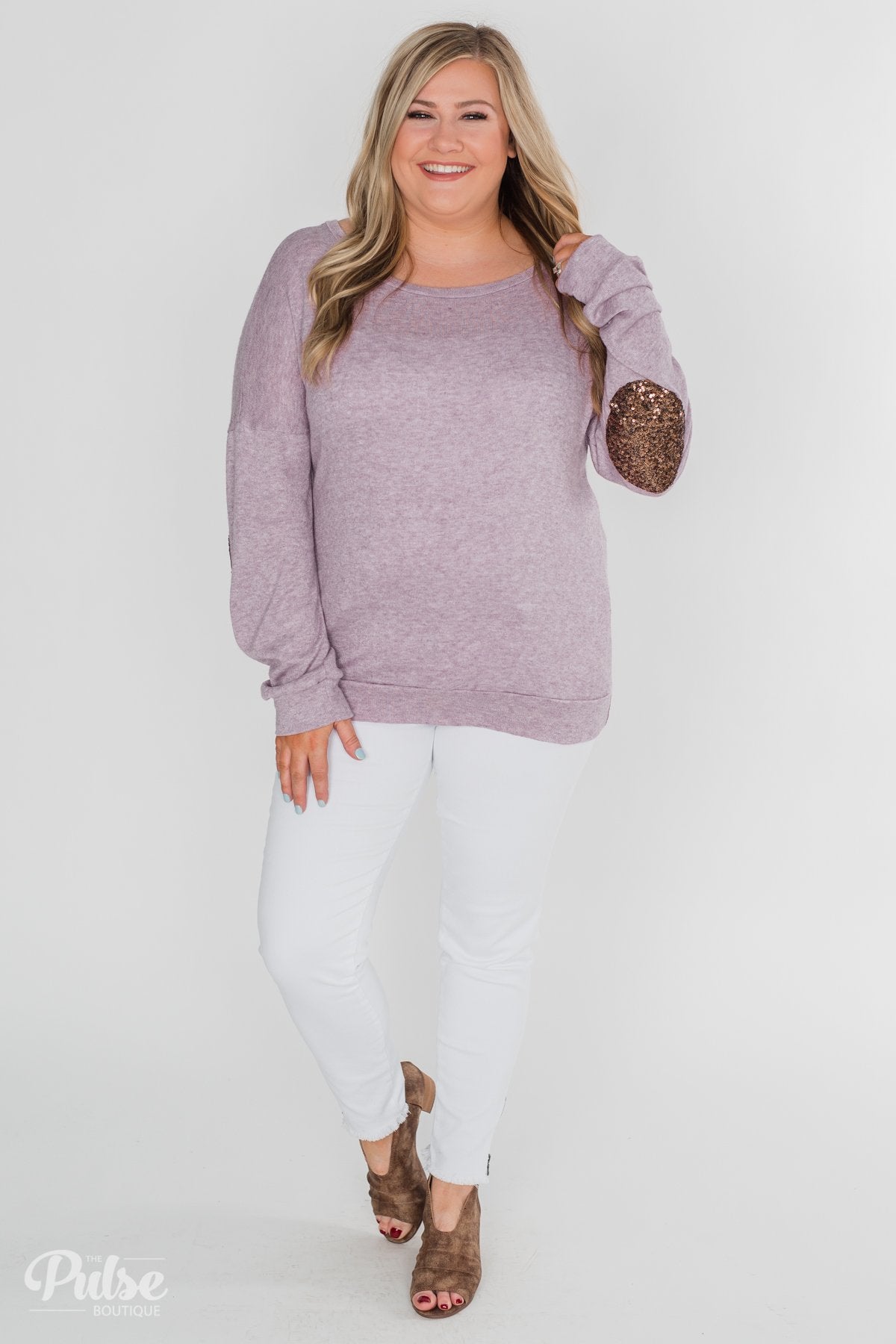 Good Times Sequin Elbow Patch Pullover - Lilac