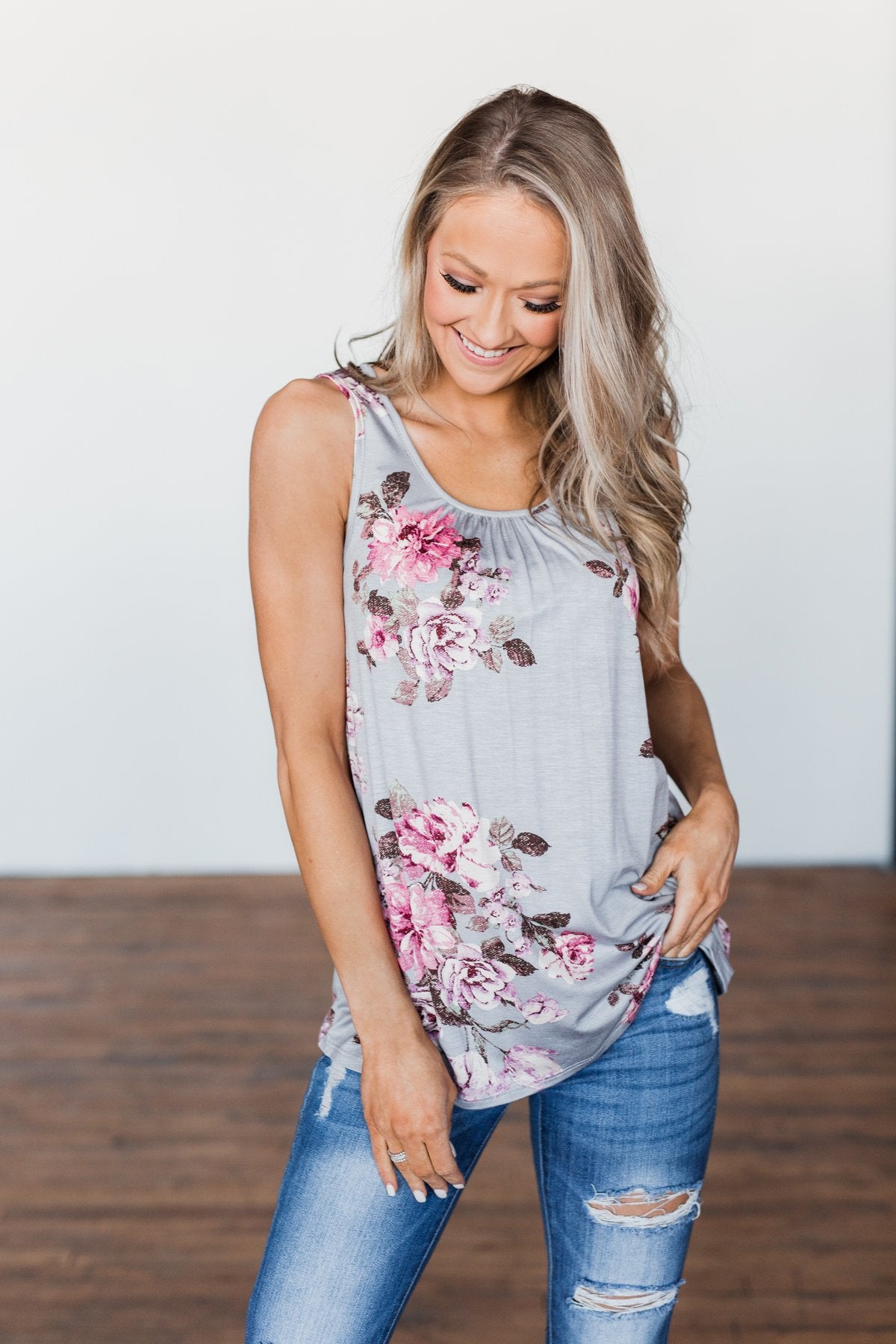 Morning Blossoms Floral Tank- Soft Grey