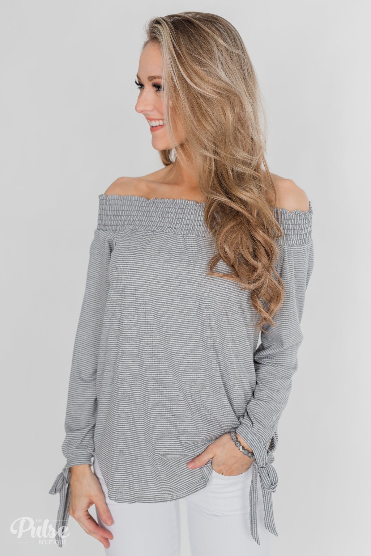 Dreaming of Stripes Off the Shoulder Top - Grey & White