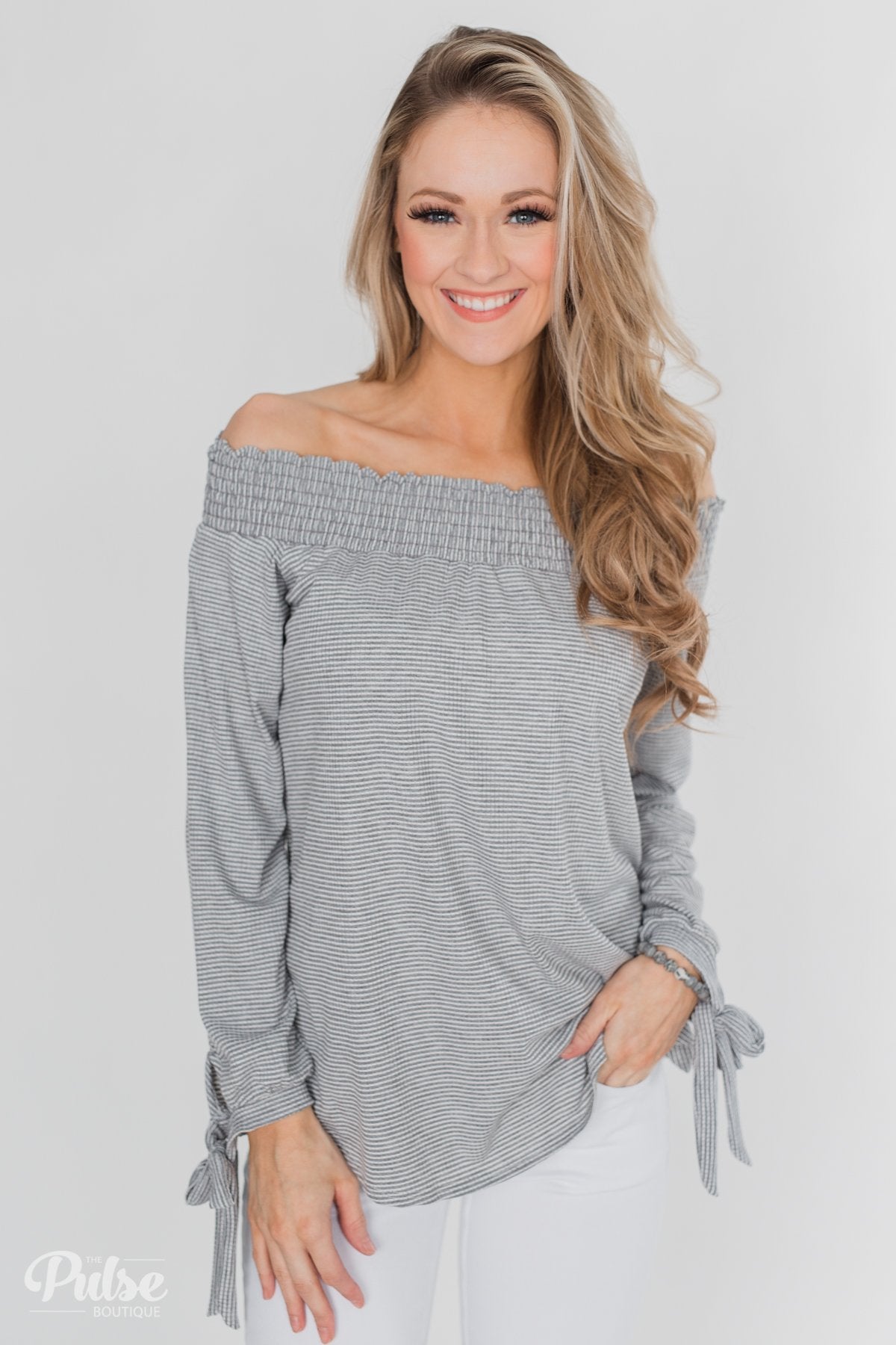 Dreaming of Stripes Off the Shoulder Top - Grey & White