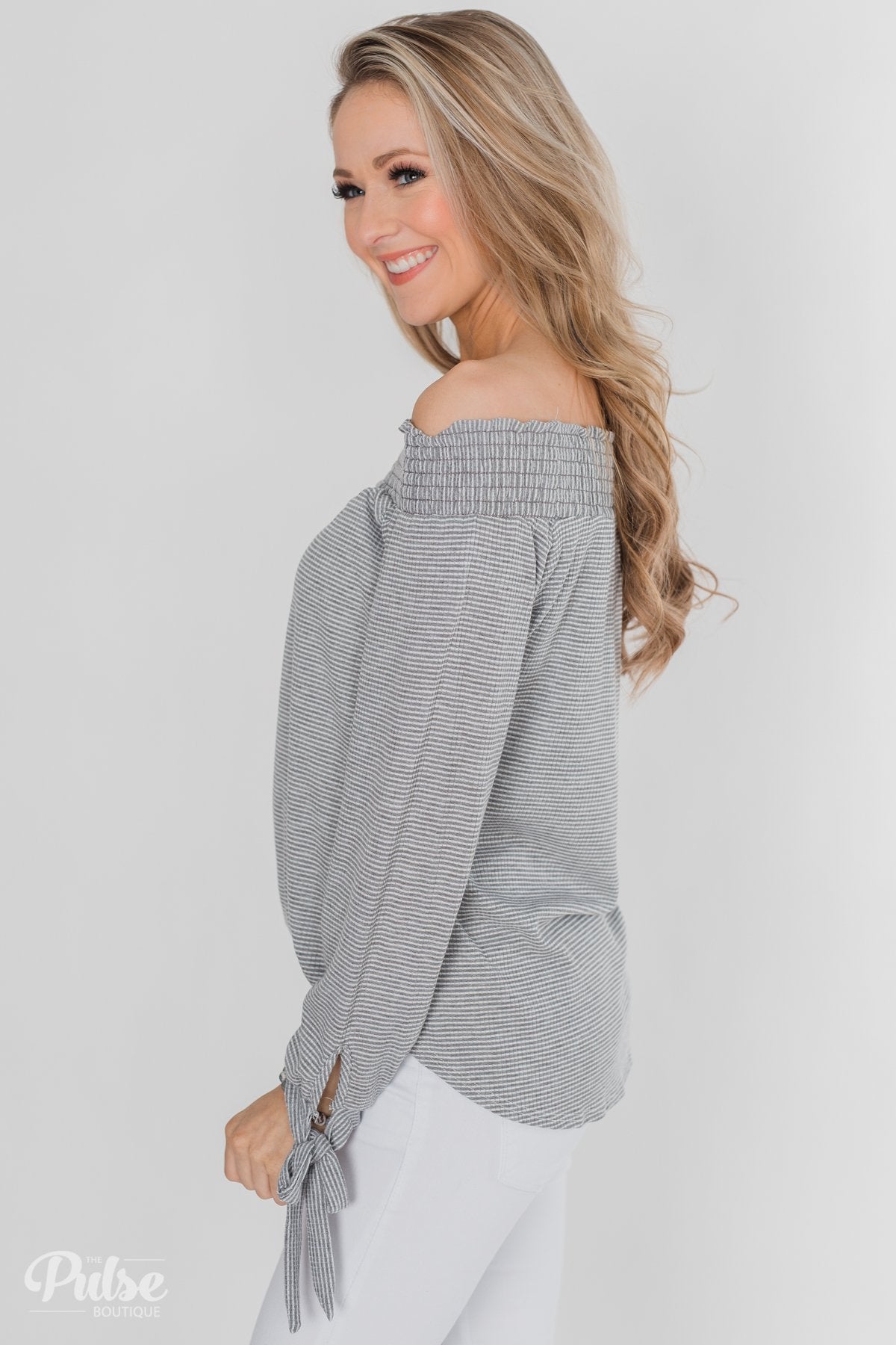 Dreaming of Stripes Off the Shoulder Top - Grey & White