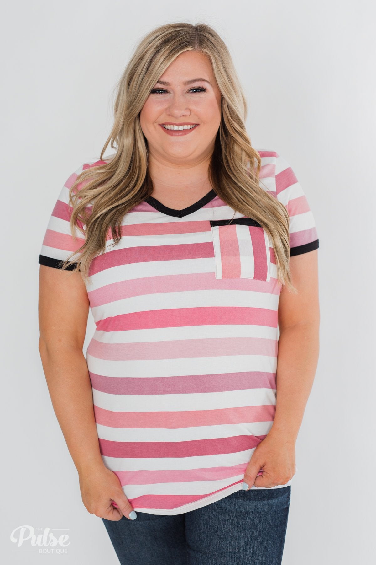 Lessons In Love Striped Pocket Top- Shades of Pink
