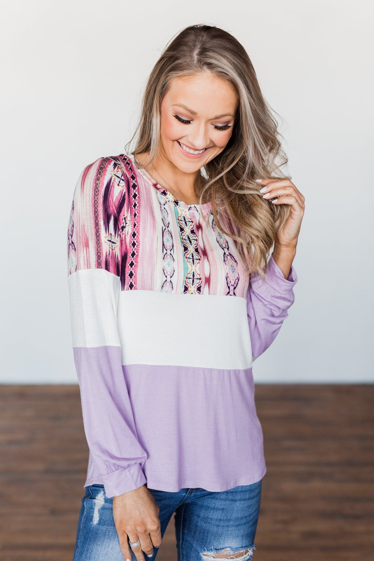 Some Kind Of Wonderful Aztec Top- Lavender & Pink