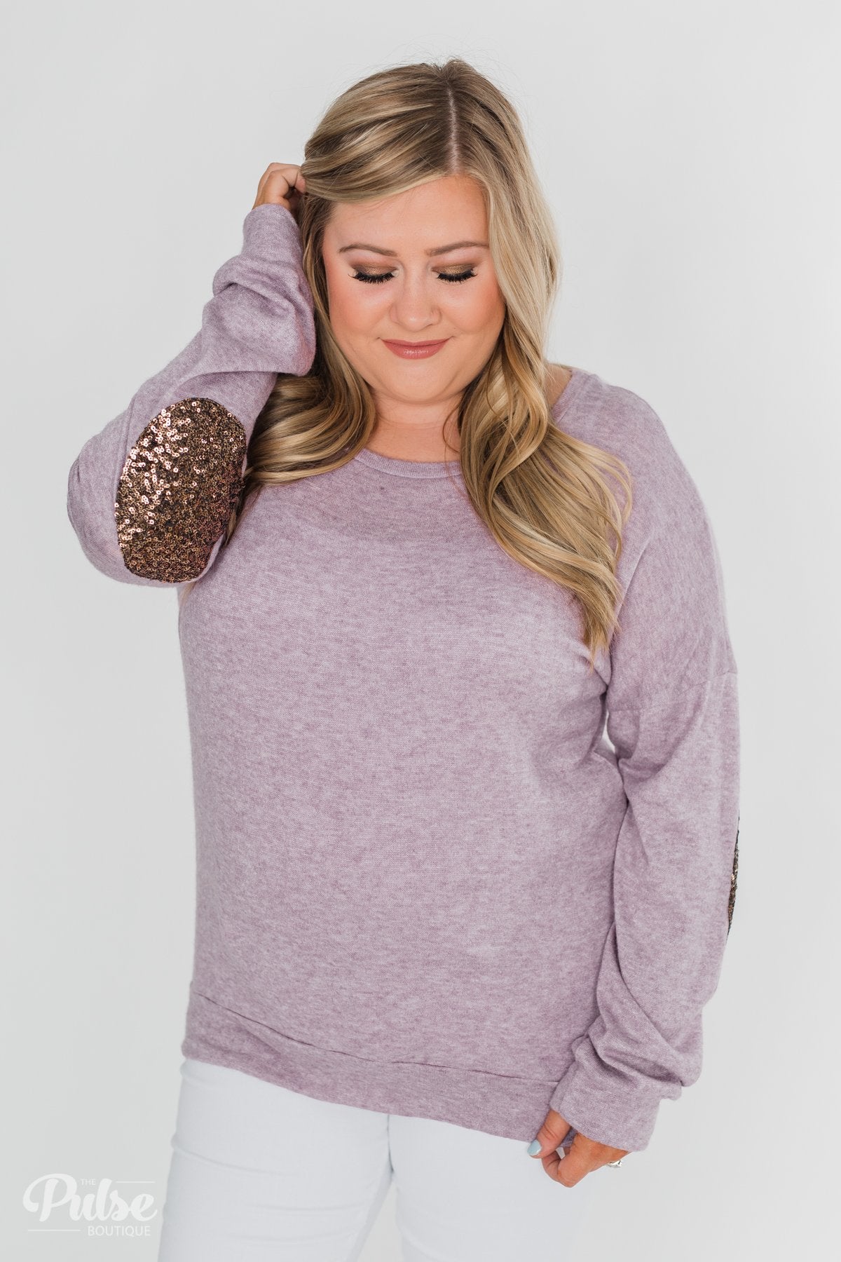 Good Times Sequin Elbow Patch Pullover - Lilac