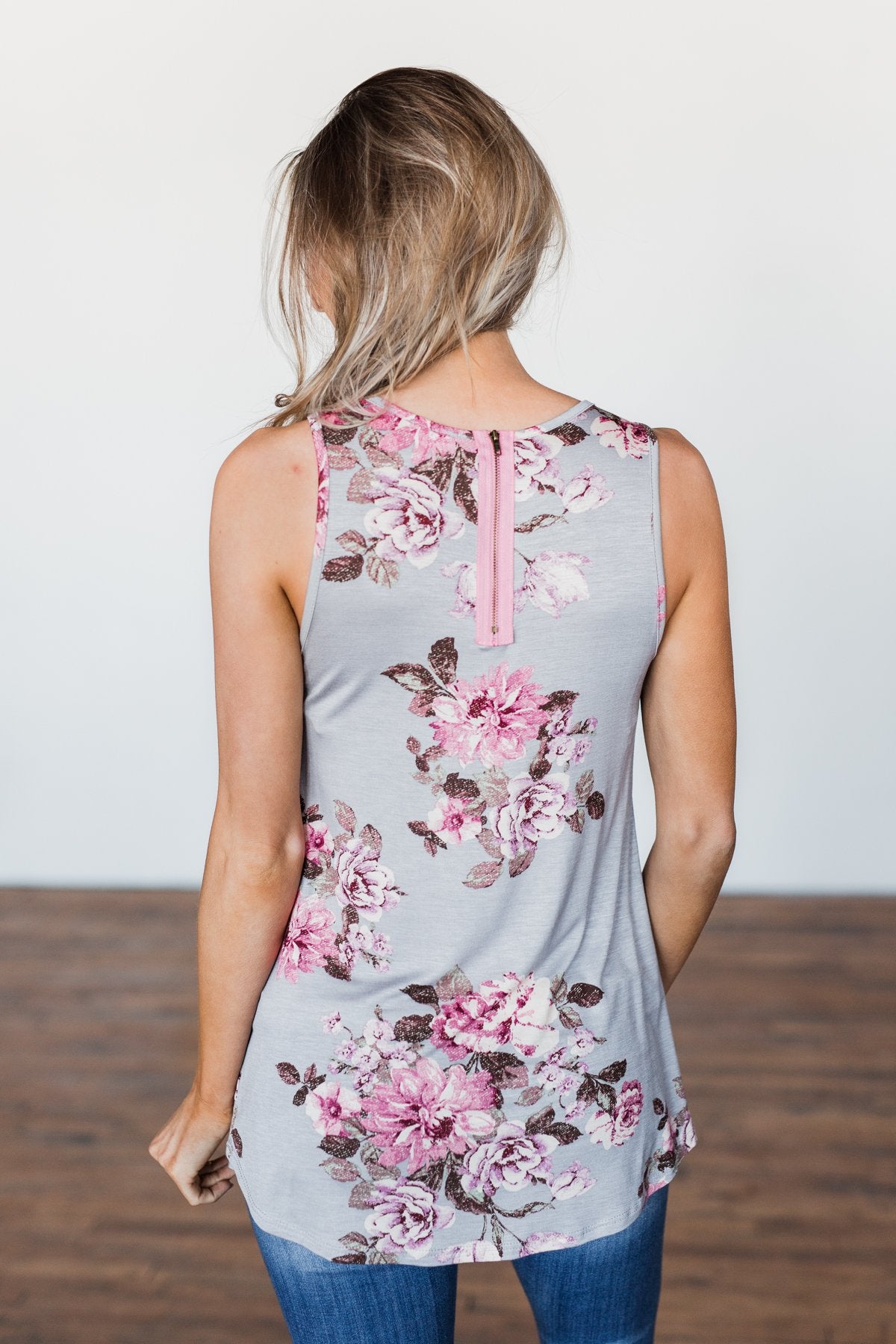 Morning Blossoms Floral Tank- Soft Grey