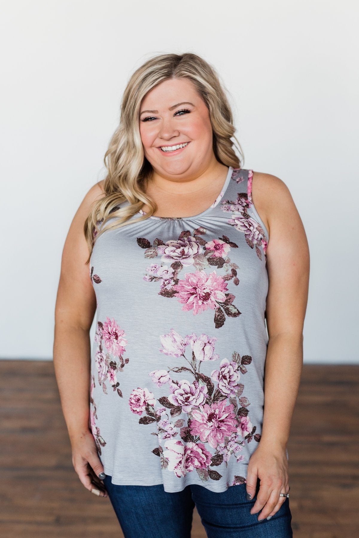 Morning Blossoms Floral Tank- Soft Grey