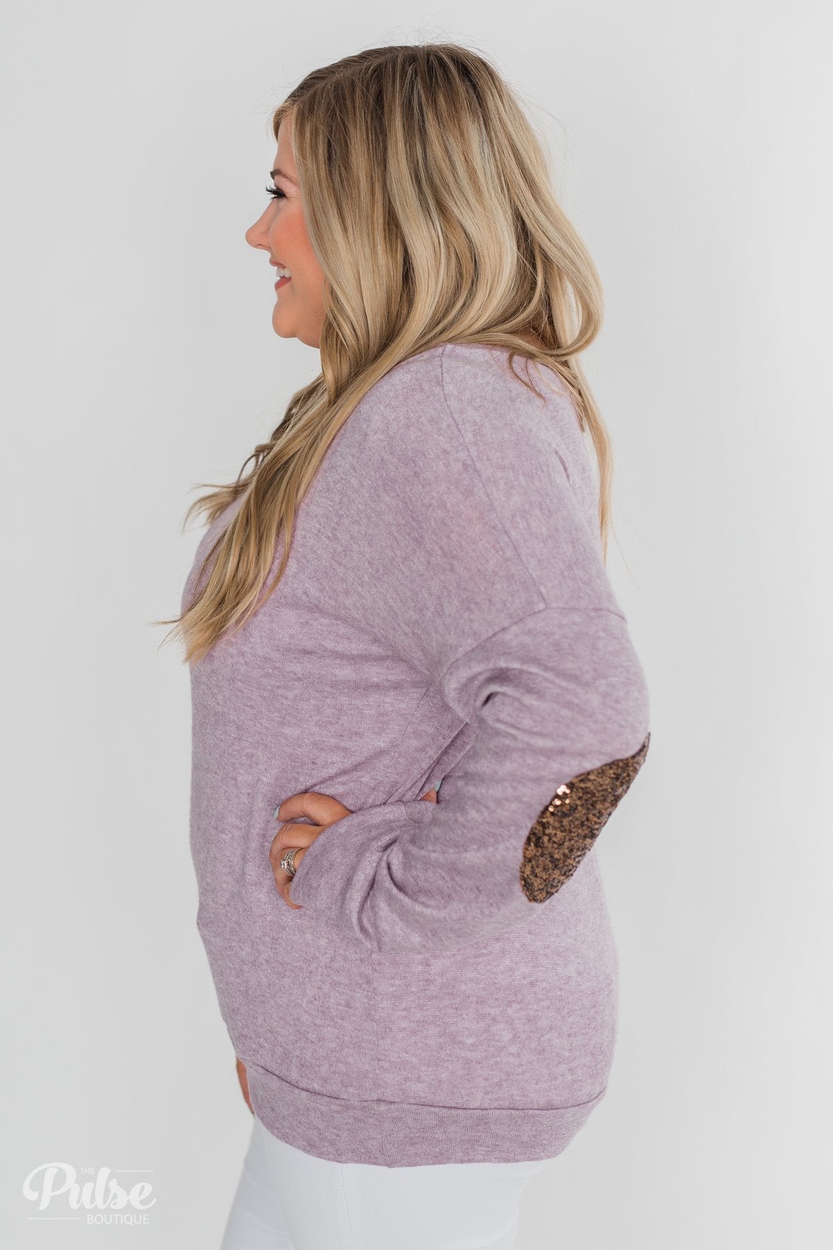 Good Times Sequin Elbow Patch Pullover - Lilac