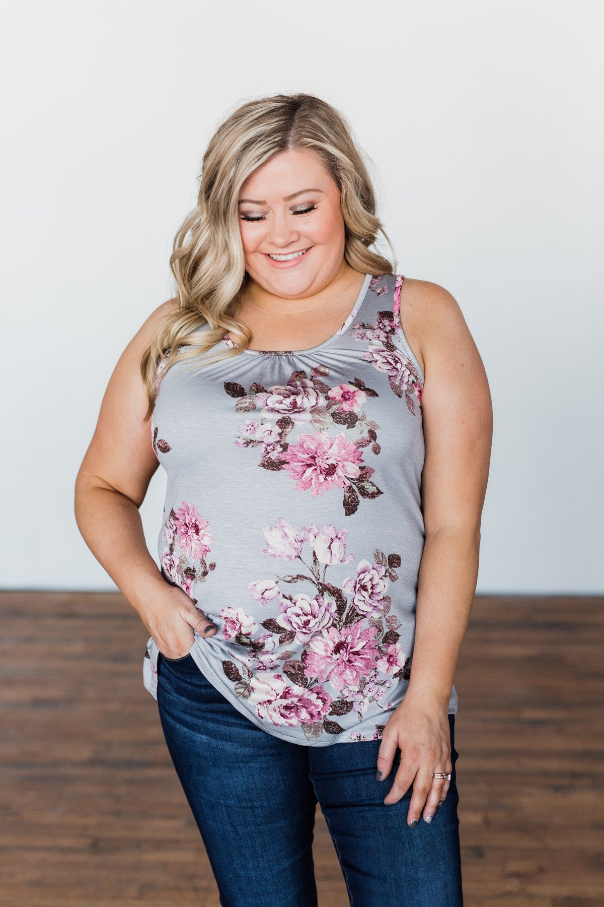 Morning Blossoms Floral Tank- Soft Grey
