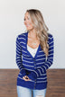 Everyday Striped Button Cardigan- Royal Blue & Ivory
