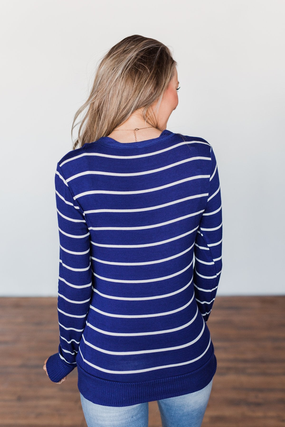 Everyday Striped Button Cardigan- Royal Blue & Ivory