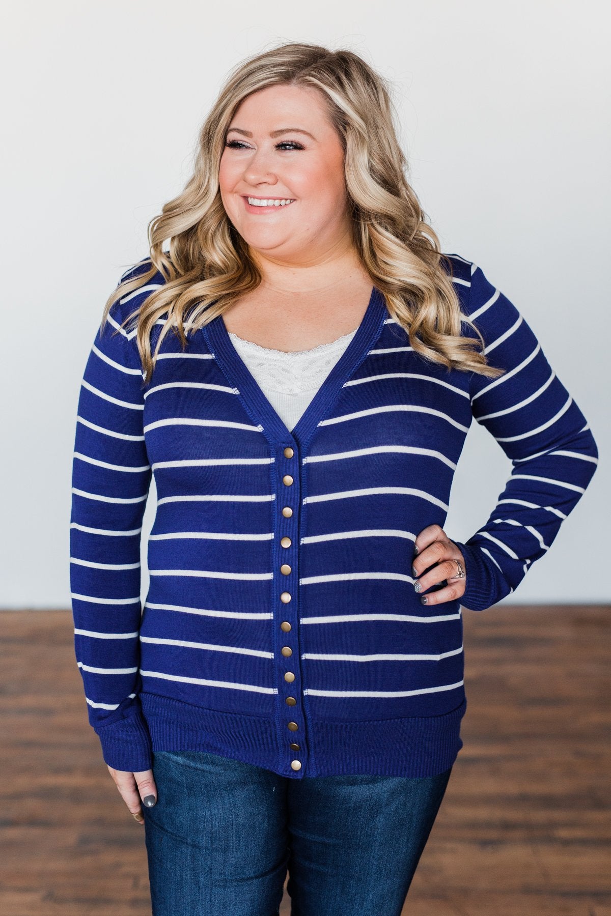 Everyday Striped Button Cardigan- Royal Blue & Ivory