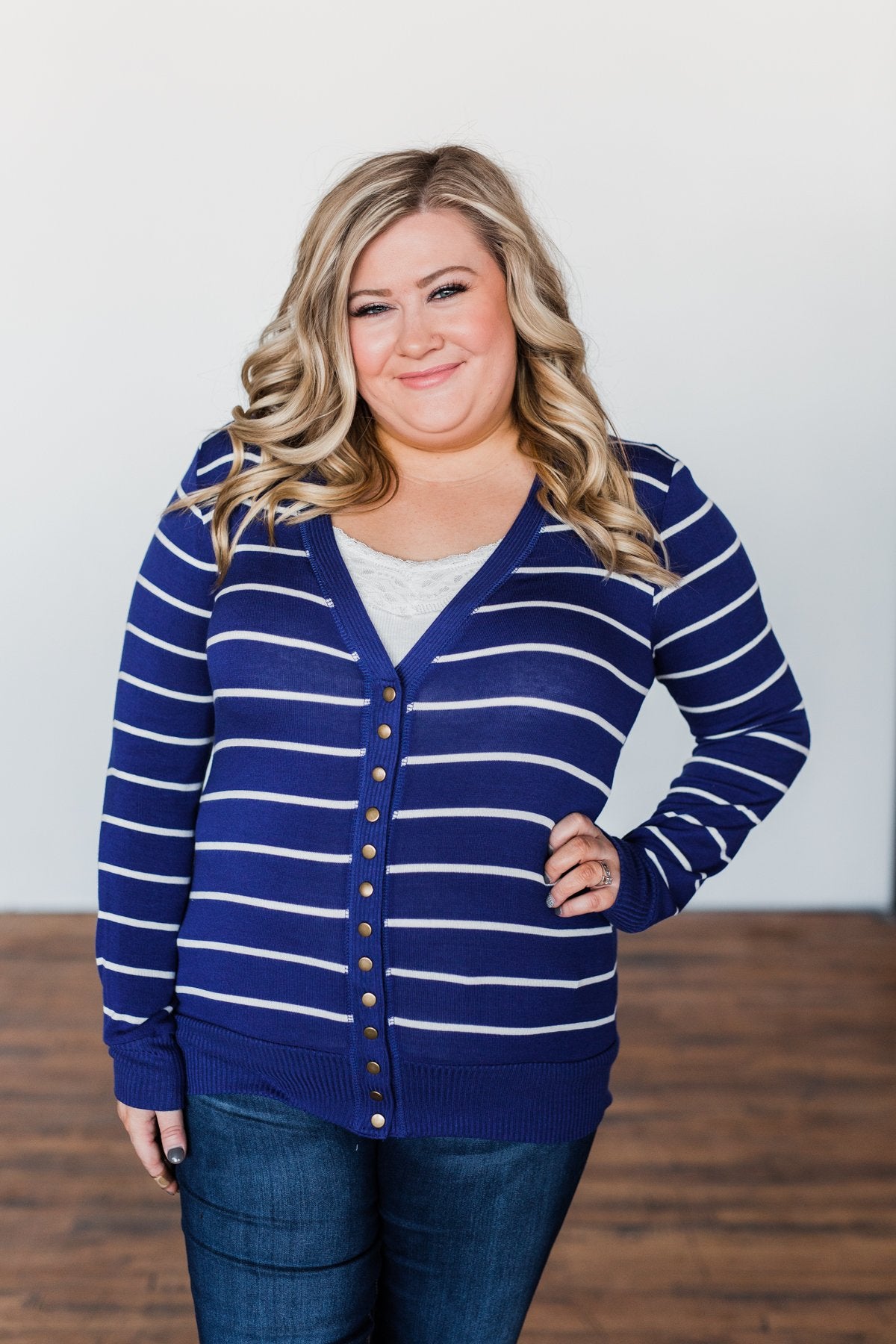 Everyday Striped Button Cardigan- Royal Blue & Ivory