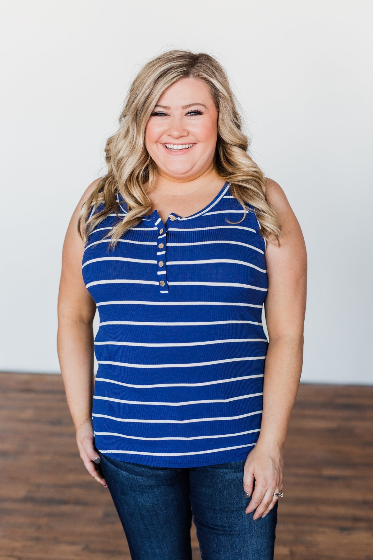 Striped Button Henley Tank Top- Royal Blue