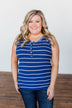 Striped Button Henley Tank Top- Royal Blue