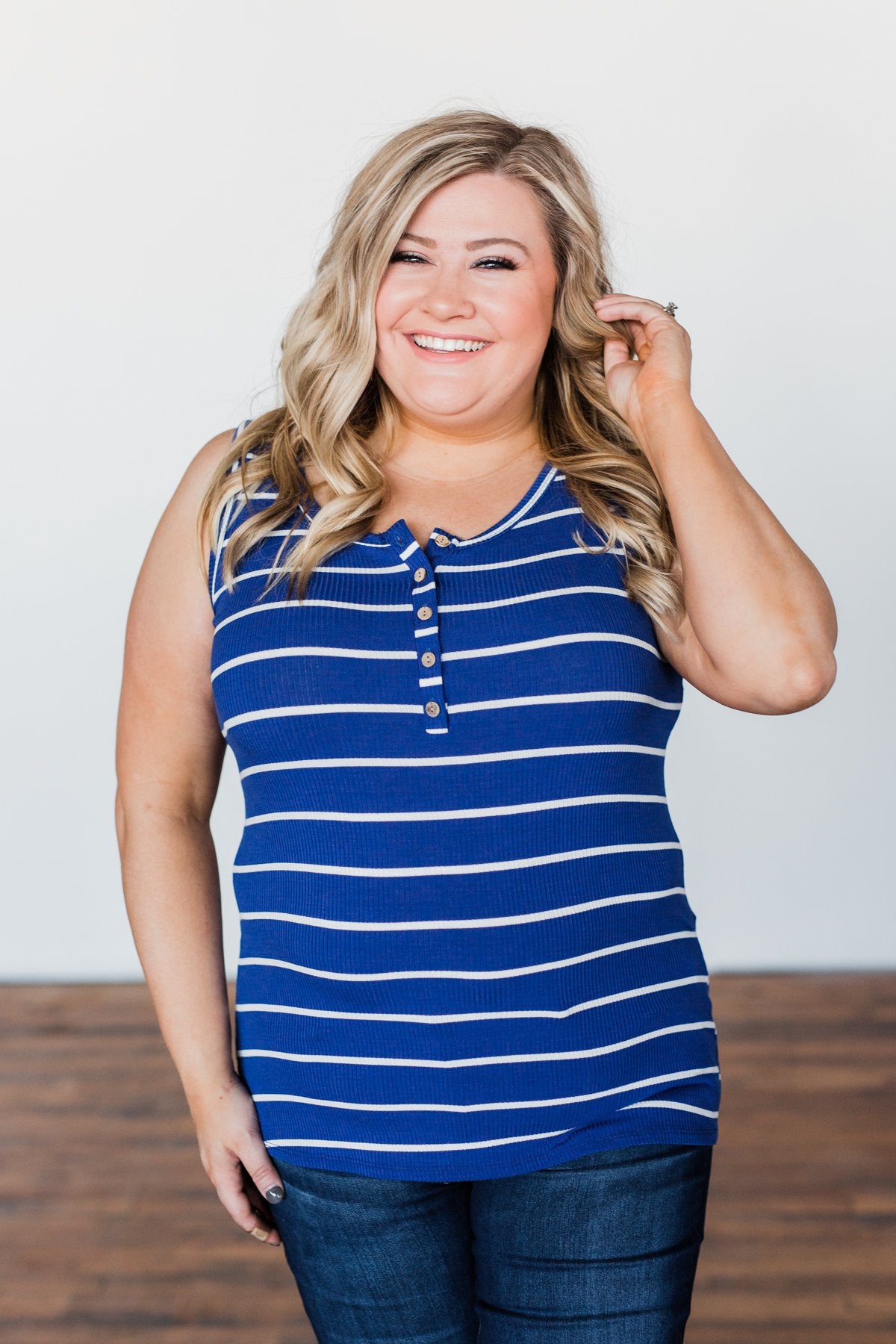 Striped Button Henley Tank Top- Royal Blue