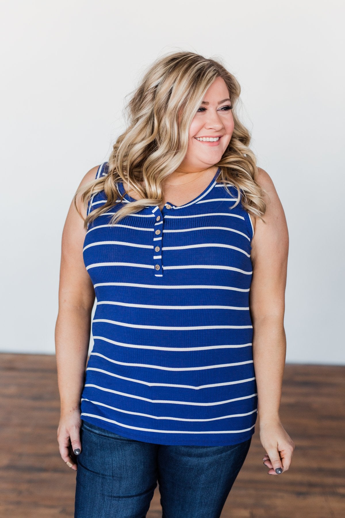 Striped Button Henley Tank Top- Royal Blue