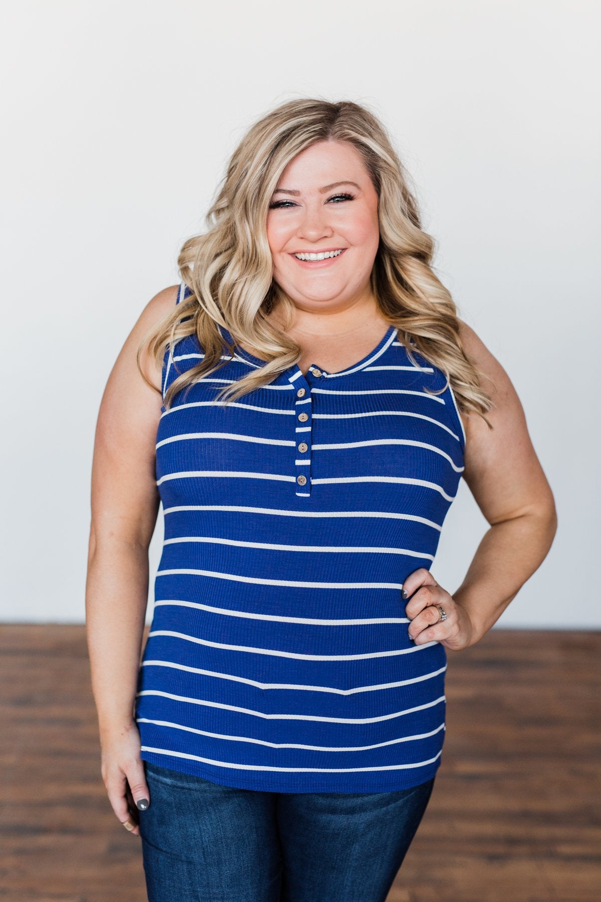 Striped Button Henley Tank Top- Royal Blue