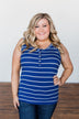 Striped Button Henley Tank Top- Royal Blue