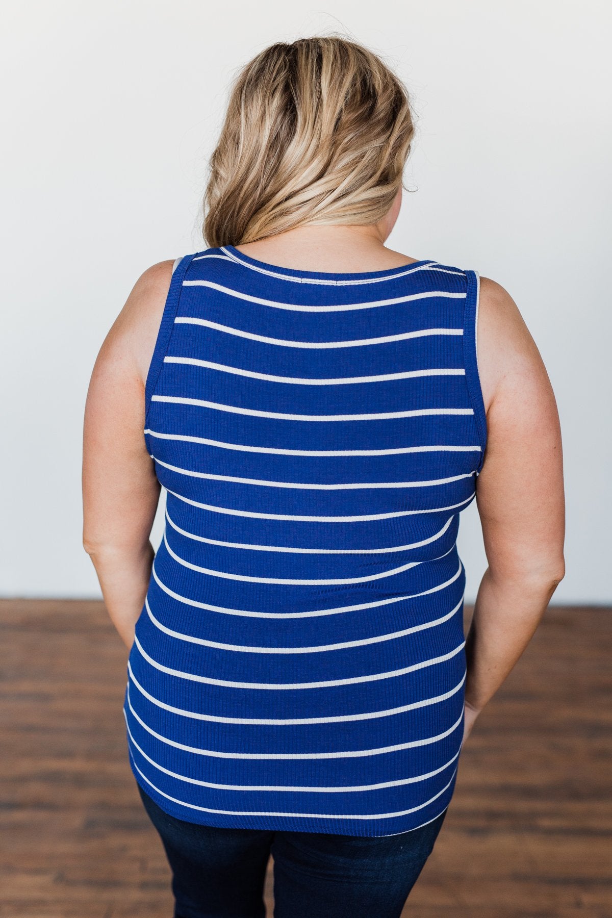 Striped Button Henley Tank Top- Royal Blue