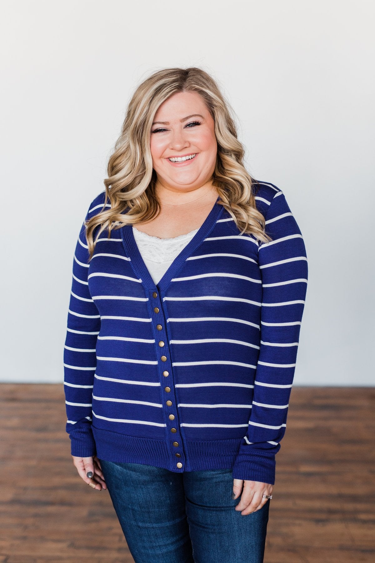 Everyday Striped Button Cardigan- Royal Blue & Ivory
