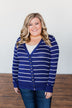 Everyday Striped Button Cardigan- Royal Blue & Ivory
