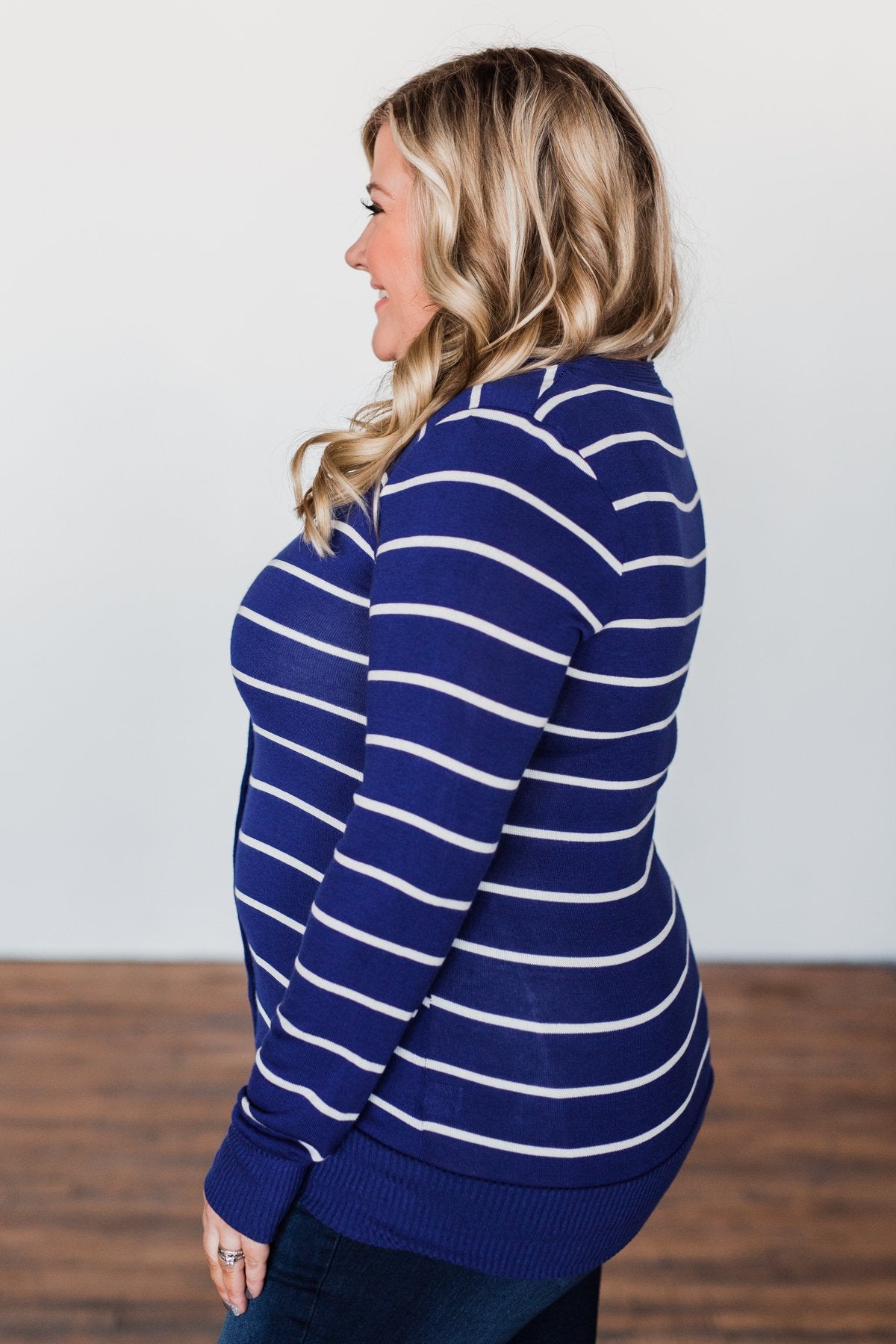 Everyday Striped Button Cardigan- Royal Blue & Ivory