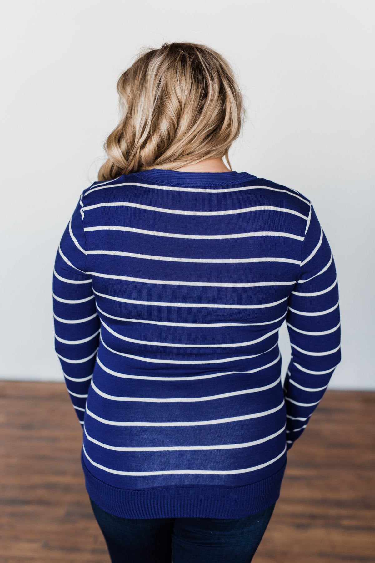 Everyday Striped Button Cardigan- Royal Blue & Ivory