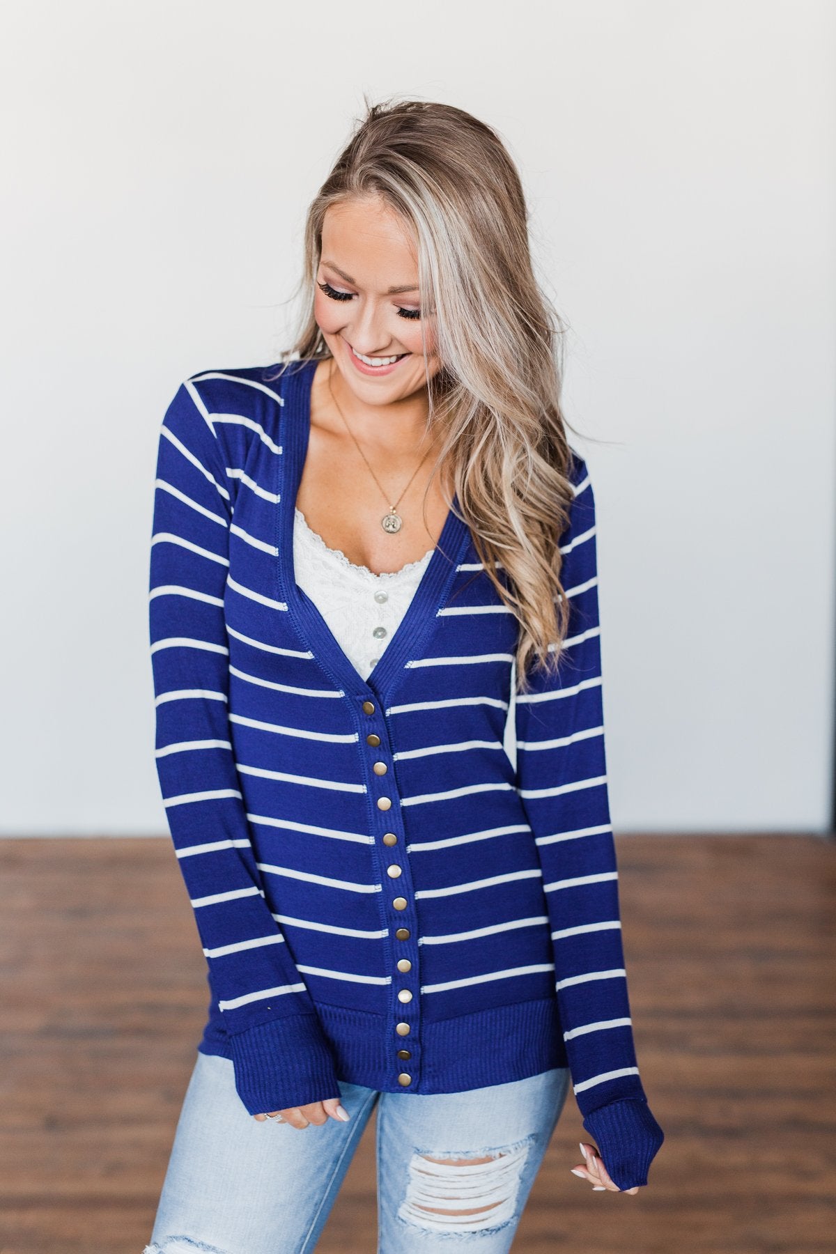 Everyday Striped Button Cardigan- Royal Blue & Ivory