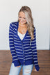Everyday Striped Button Cardigan- Royal Blue & Ivory