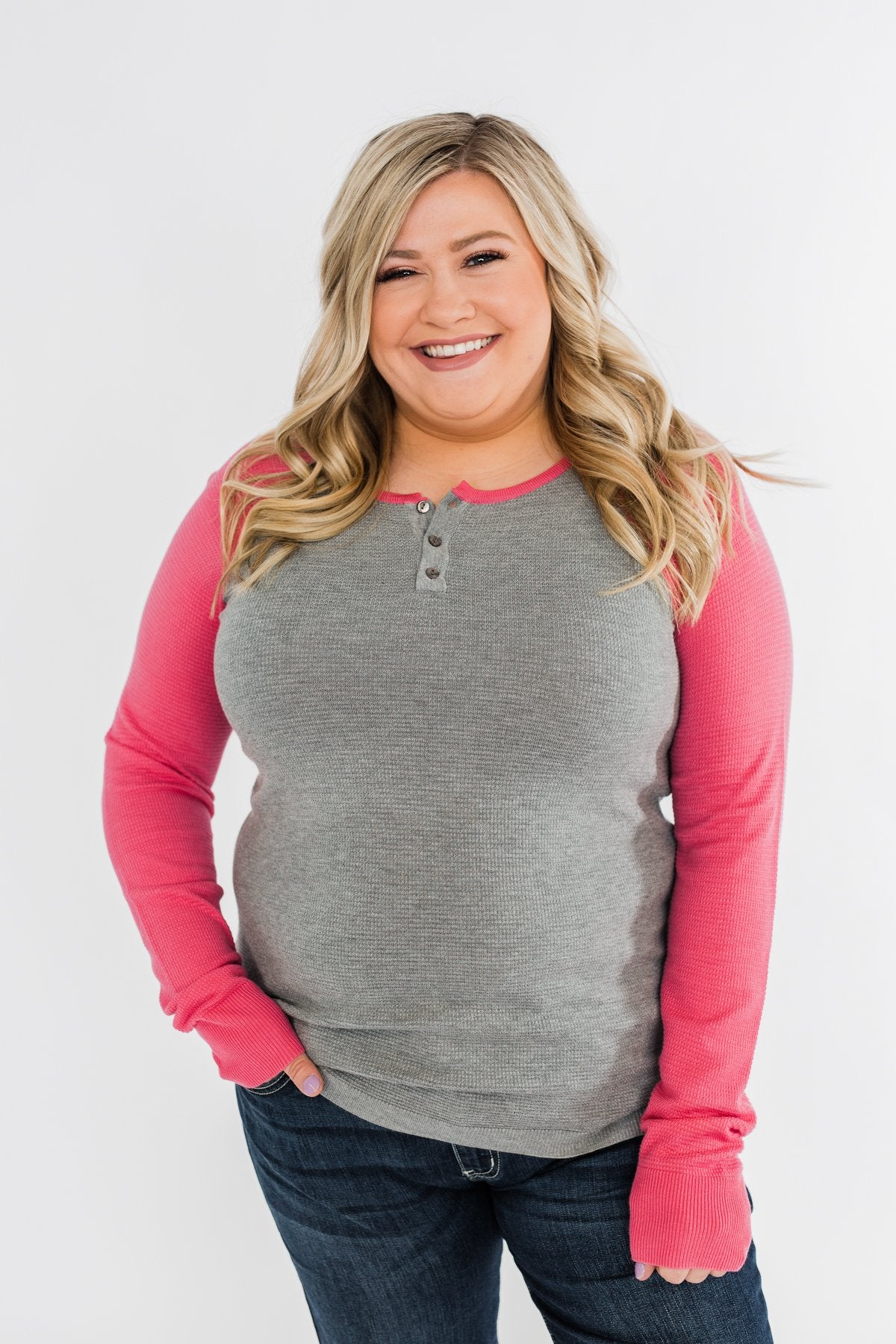 Good Things To Come Raglan Top- Dark Grey & Pink