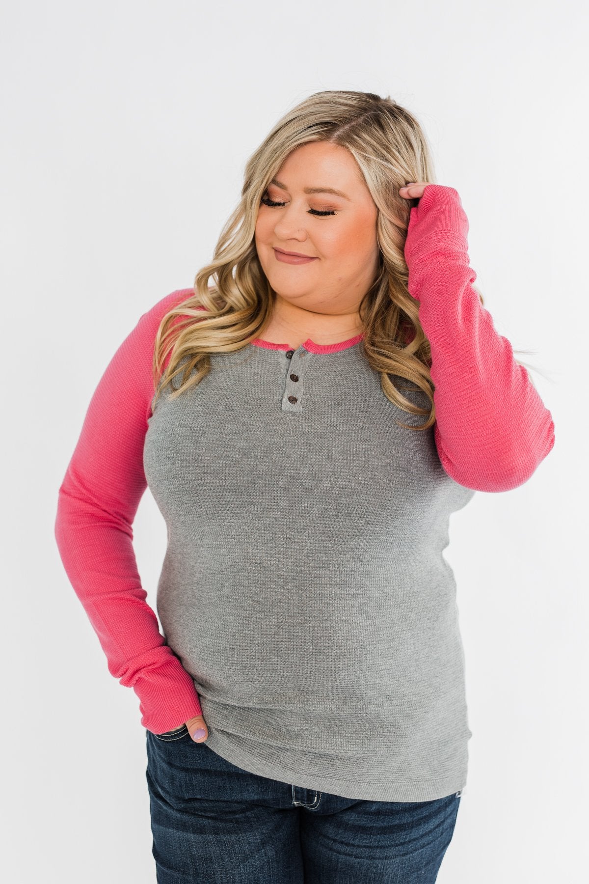 Good Things To Come Raglan Top- Dark Grey & Pink