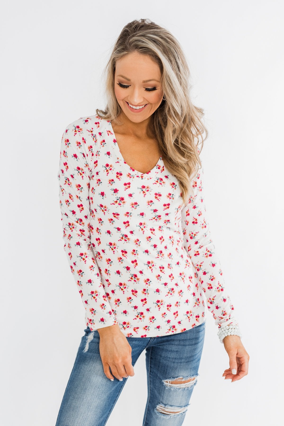 Sudden Bloom Floral V-Neck Top- Ivory