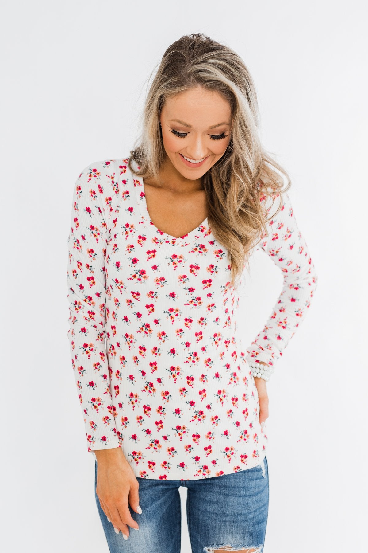 Sudden Bloom Floral V-Neck Top- Ivory
