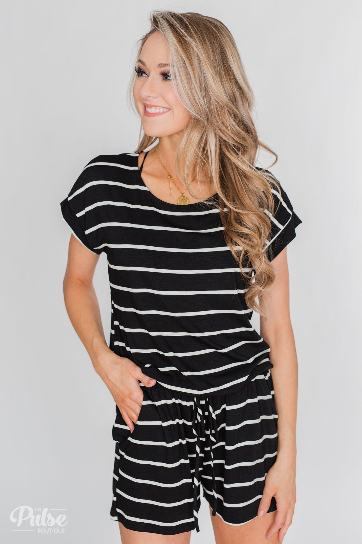 Black White Striped Romper The Pulse Boutique