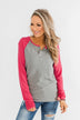 Good Things To Come Raglan Top- Dark Grey & Pink
